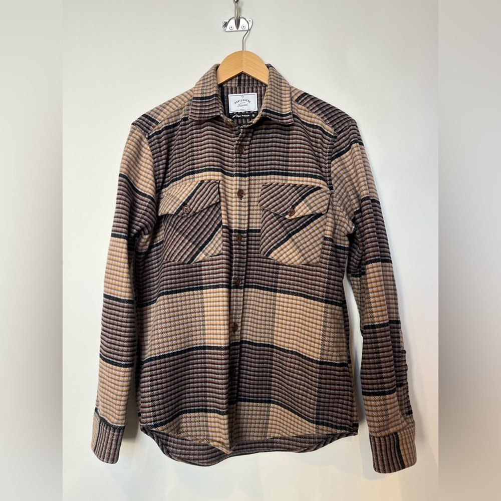Portuguese Flannel Litu Overshirt Brown Beige‎ Stripe Made in Portugal M